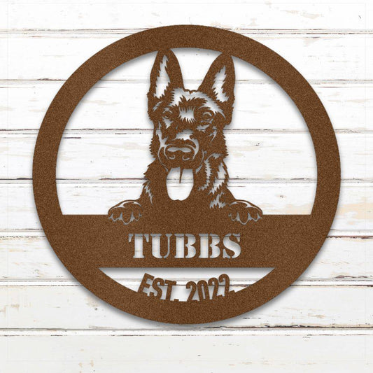 Copper Dutch Shepherd personalized metal wall art with custom name and year; handcrafted from rustproof, weatherproof American steel | Barkhaus Metal Co.