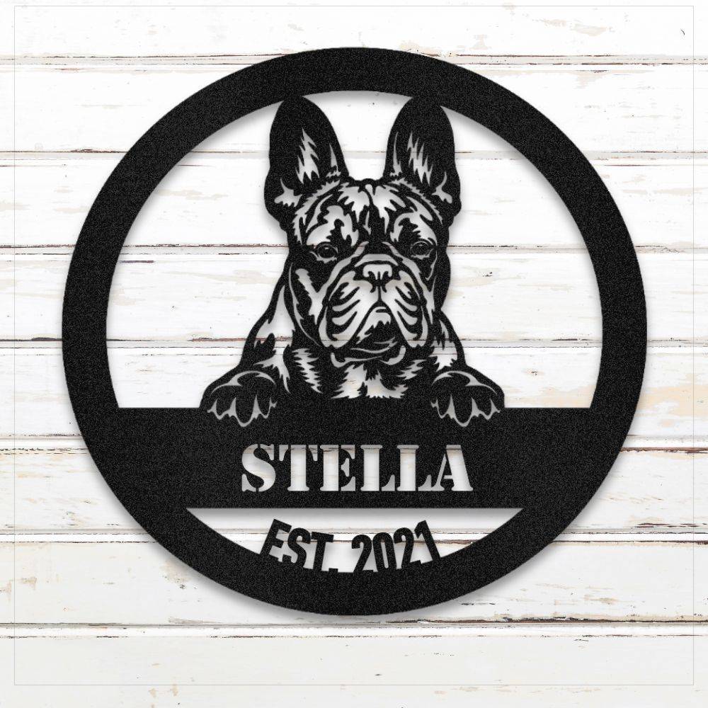 Black French Bulldog personalized metal wall art with custom name and year; handcrafted from rustproof, weatherproof American steel | Barkhaus Metal Co.