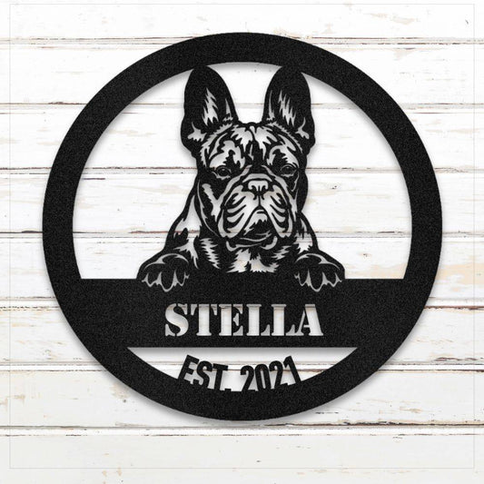 Black French Bulldog personalized metal wall art with custom name and year; handcrafted from rustproof, weatherproof American steel | Barkhaus Metal Co.