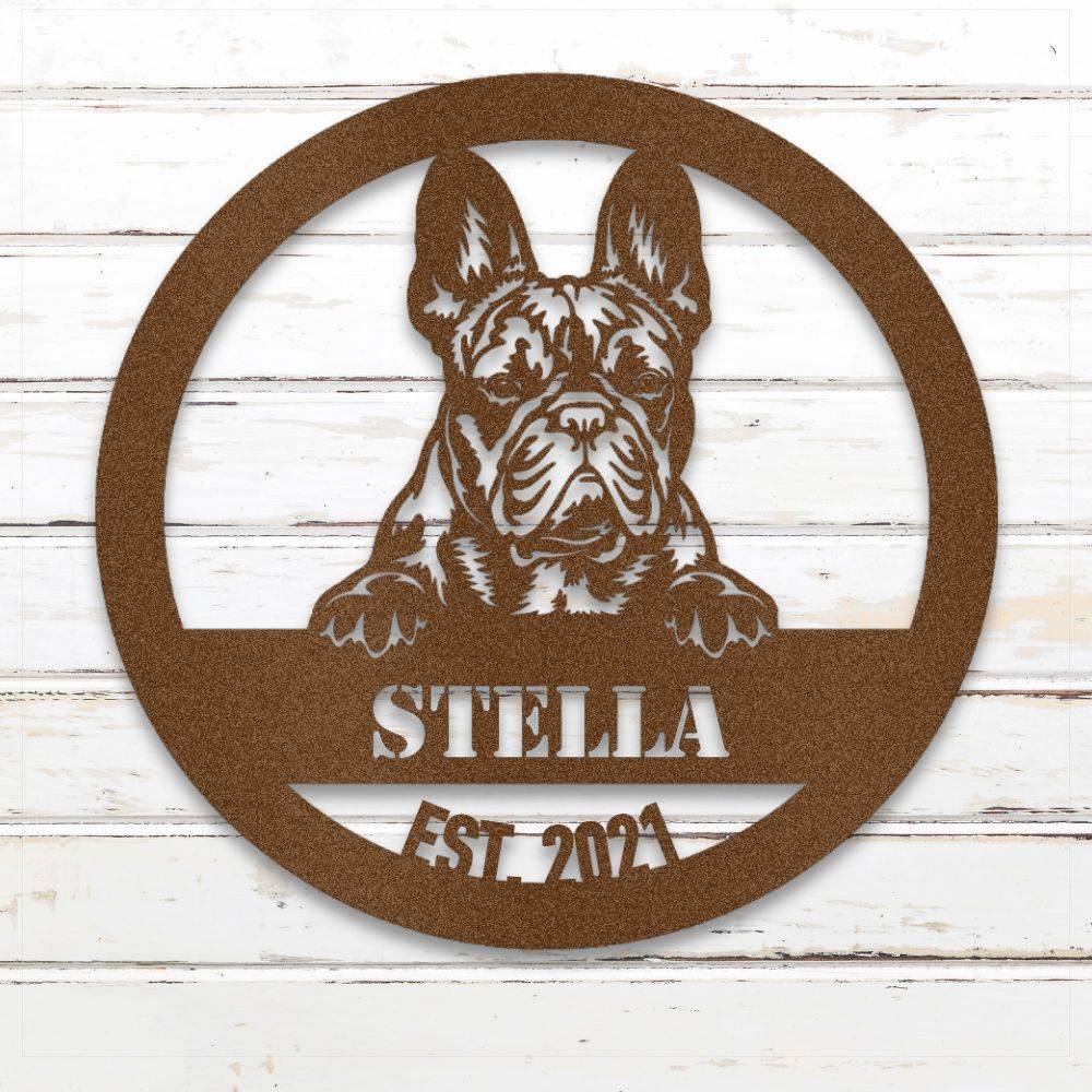 Copper French Bulldog personalized metal wall art with custom name and year; handcrafted from rustproof, weatherproof American steel | Barkhaus Metal Co.