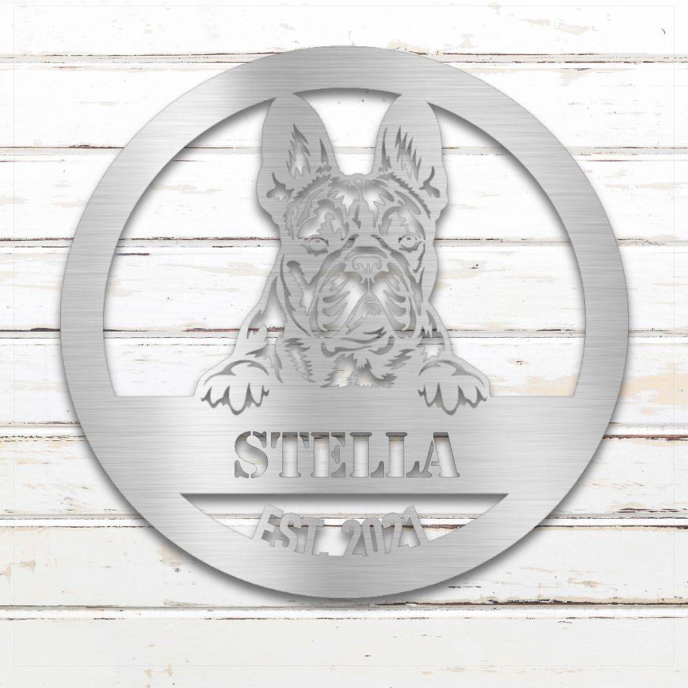 Silver French Bulldog personalized metal wall art with custom name and year; handcrafted from rustproof, weatherproof American steel | Barkhaus Metal Co.