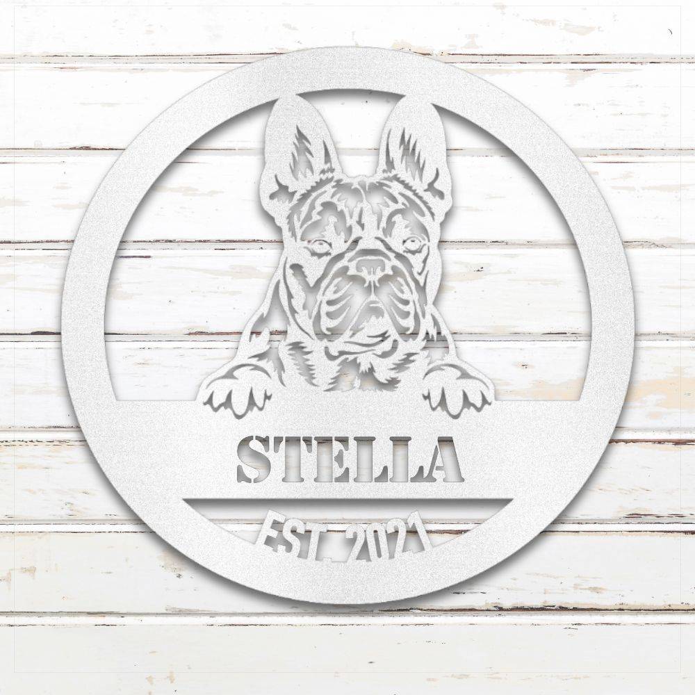 White French Bulldog personalized metal wall art with custom name and year; handcrafted from rustproof, weatherproof American steel | Barkhaus Metal Co.