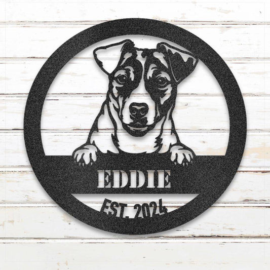 Black Jack Russell Terrier personalized metal wall art with custom name and year; handcrafted from rustproof, weatherproof American steel | Barkhaus Metal Co.