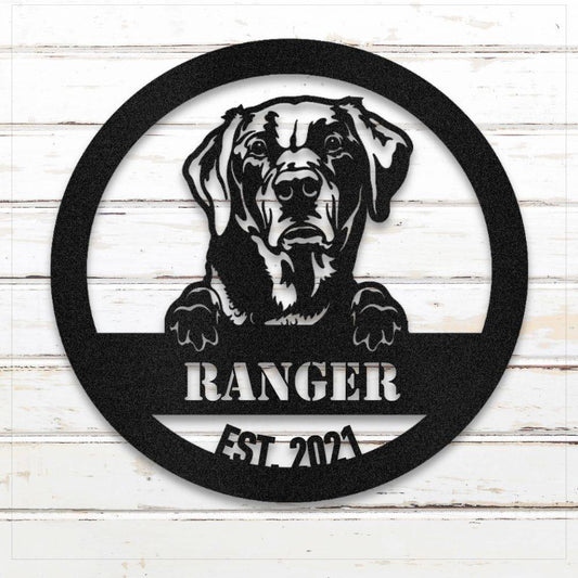 Black Labrador Retriever personalized metal wall art with custom name and year; handcrafted from rustproof, weatherproof American steel | Barkhaus Metal Co.