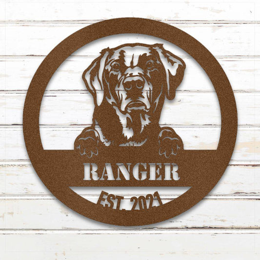 Copper Labrador Retriever personalized metal wall art with custom name and year; handcrafted from rustproof, weatherproof American steel | Barkhaus Metal Co.