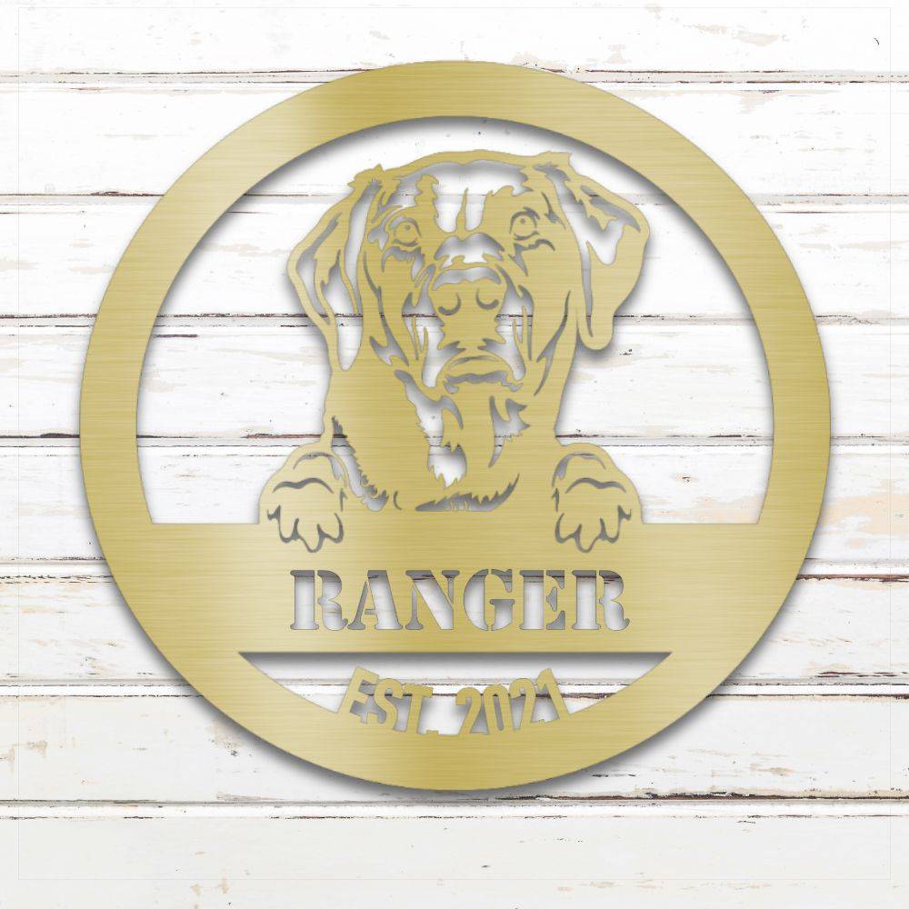 Gold Labrador Retriever personalized metal wall art with custom name and year; handcrafted from rustproof, weatherproof American steel | Barkhaus Metal Co.
