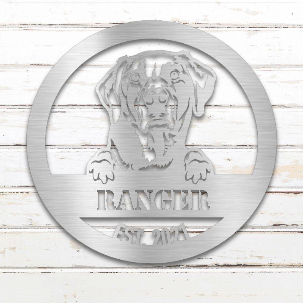 Silver Labrador Retriever personalized metal wall art with custom name and year; handcrafted from rustproof, weatherproof American steel | Barkhaus Metal Co.
