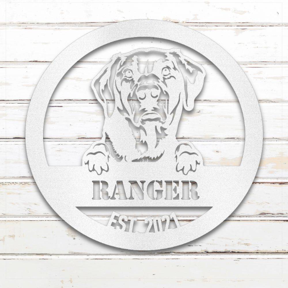 White Labrador Retriever personalized metal wall art with custom name and year; handcrafted from rustproof, weatherproof American steel | Barkhaus Metal Co.