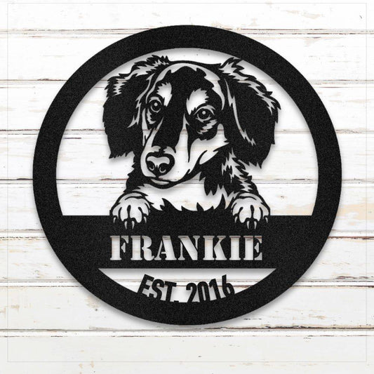 Black Long-Haired Dachshund personalized metal wall art with custom name and year; handcrafted from rustproof, weatherproof American steel | Barkhaus Metal Co.