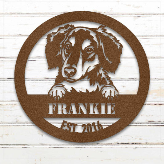 Copper Long-Haired Dachshund personalized metal wall art with custom name and year; handcrafted from rustproof, weatherproof American steel | Barkhaus Metal Co.
