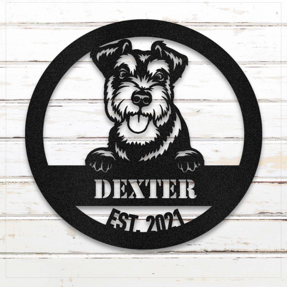Black Miniature Schnauzer personalized metal wall art with custom name and year; handcrafted from rustproof, weatherproof American steel | Barkhaus Metal Co.