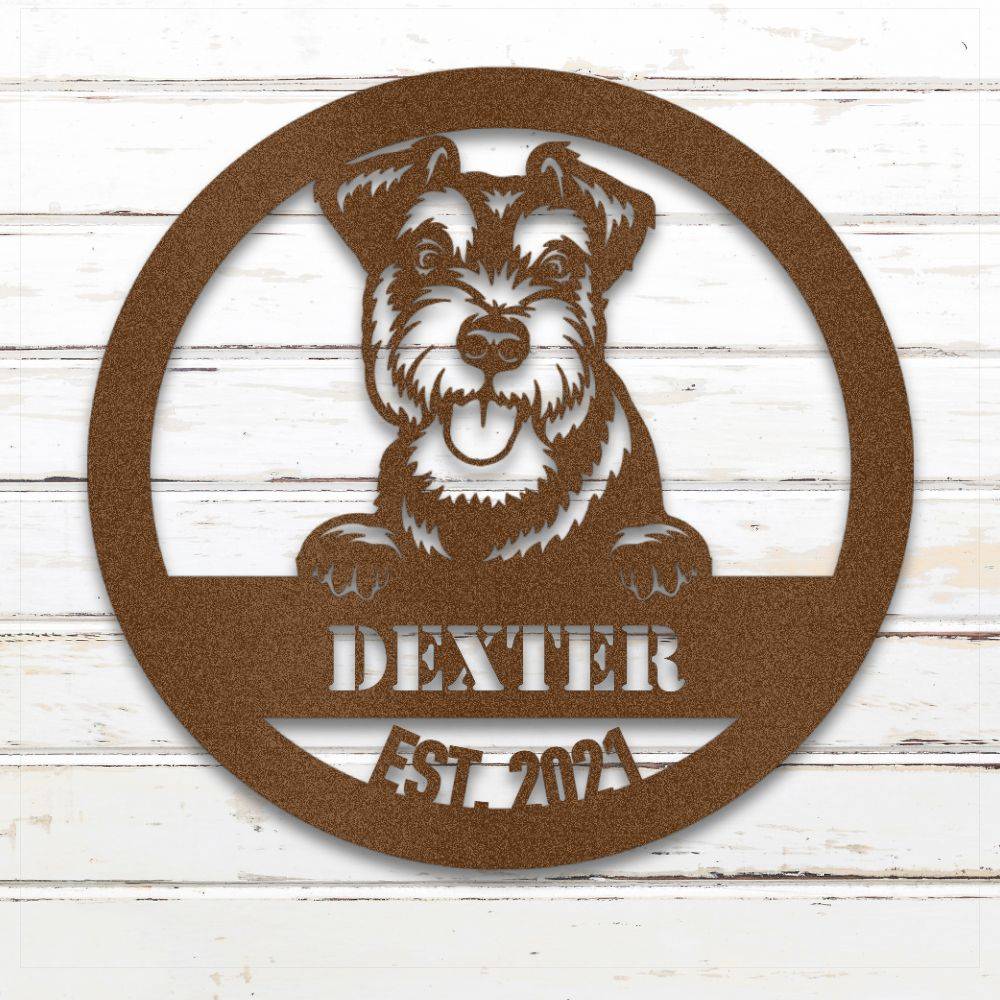 Copper Miniature Schnauzer personalized metal wall art with custom name and year; handcrafted from rustproof, weatherproof American steel | Barkhaus Metal Co.