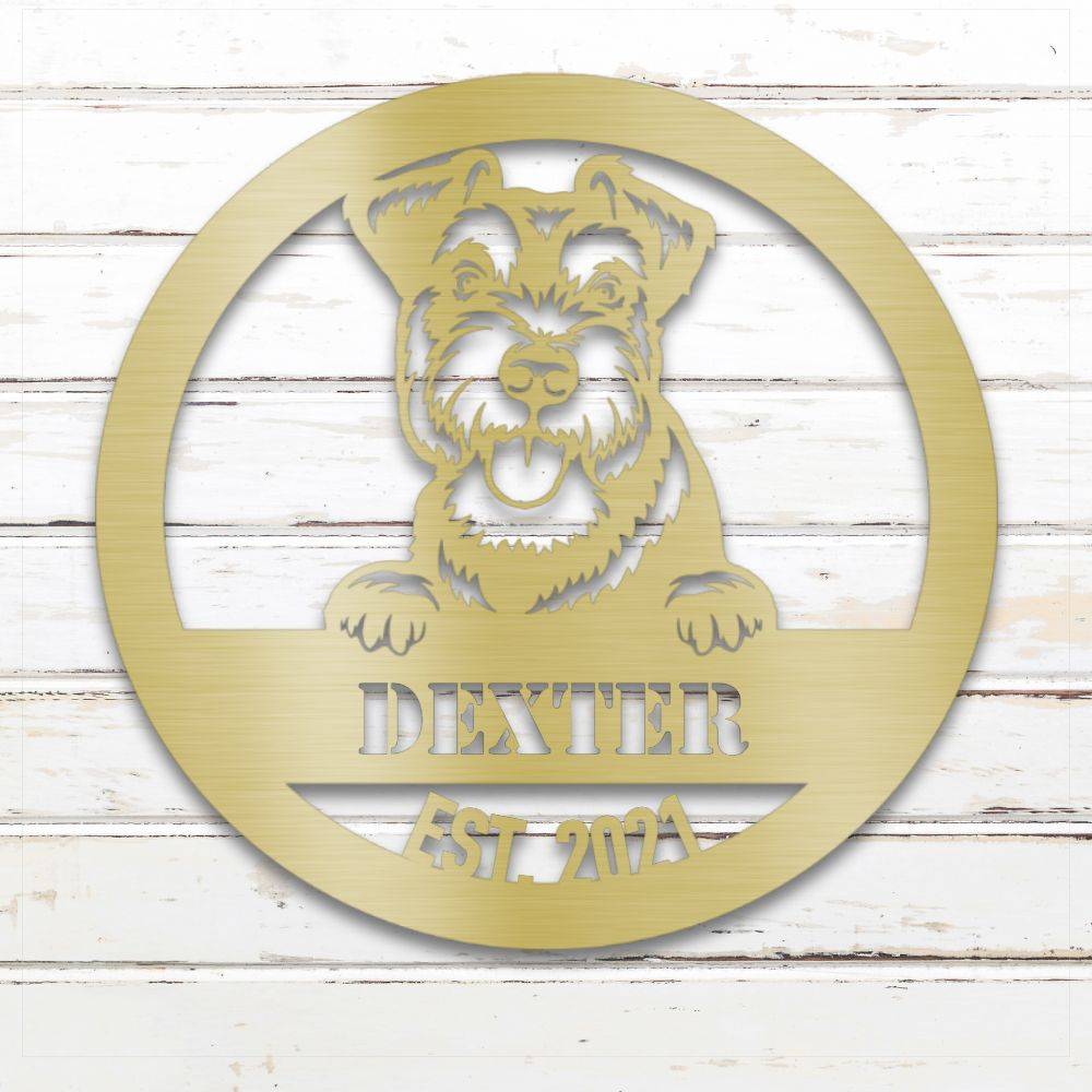 Gold Miniature Schnauzer personalized metal wall art with custom name and year; handcrafted from rustproof, weatherproof American steel | Barkhaus Metal Co.