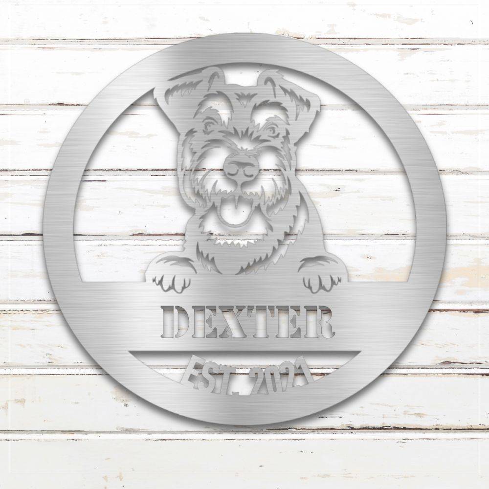 Silver Miniature Schnauzer personalized metal wall art with custom name and year; handcrafted from rustproof, weatherproof American steel | Barkhaus Metal Co.