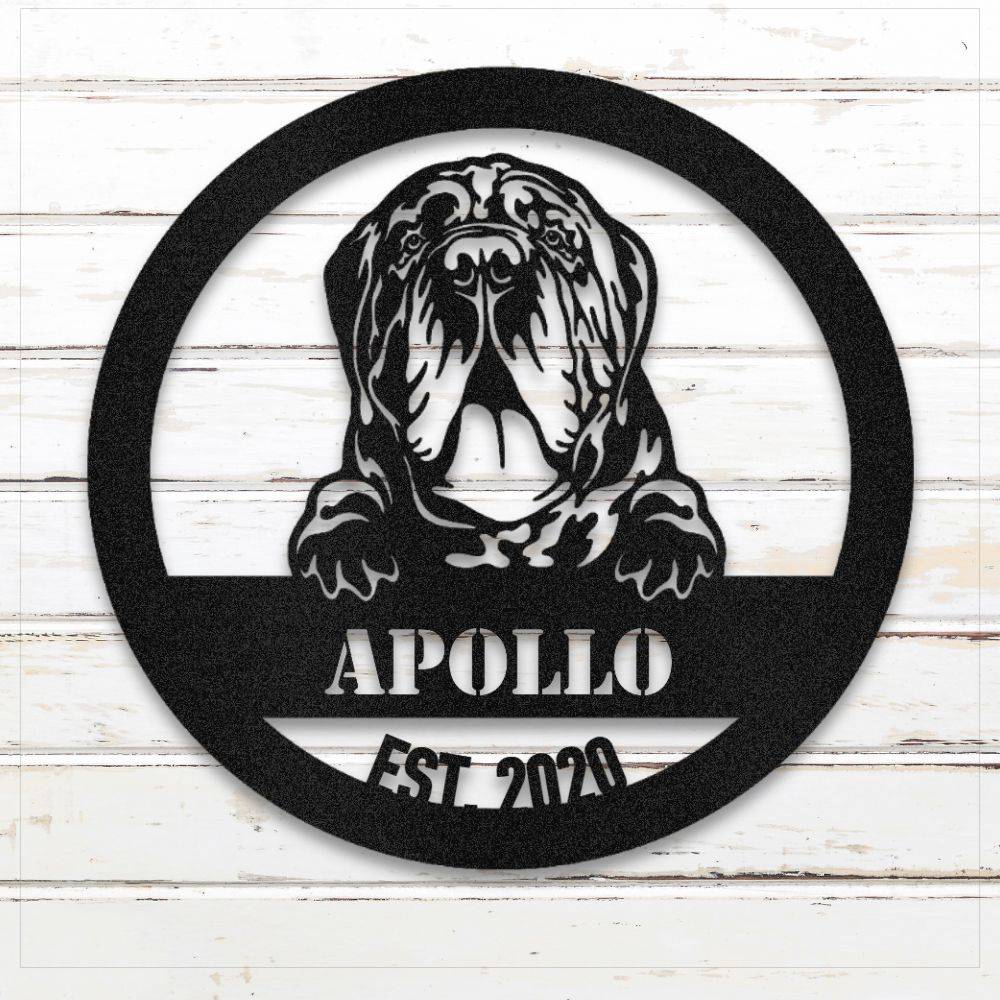 Black Neapolitan Mastiff personalized metal wall art with custom name and year; handcrafted from rustproof, weatherproof American steel | Barkhaus Metal Co.
