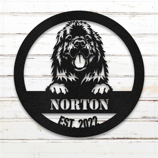 Black Newfoundland personalized metal wall art with custom name and year; handcrafted from rustproof, weatherproof American steel | Barkhaus Metal Co.