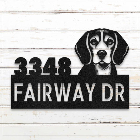 Black Beagle metal address sign with house number and personalized text; weatherproof and rustproof | Barkhaus Metal Co.
