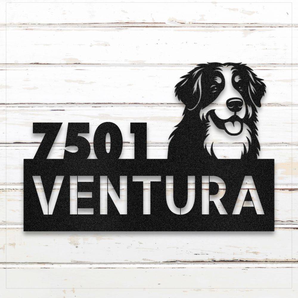 Black Bernese Mountain Dog metal address sign with house number and personalized text; rustproof and weatherproof | Barkhaus Metal Co.