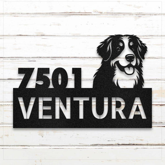 Black Bernese Mountain Dog metal address sign with house number and personalized text; rustproof and weatherproof | Barkhaus Metal Co.