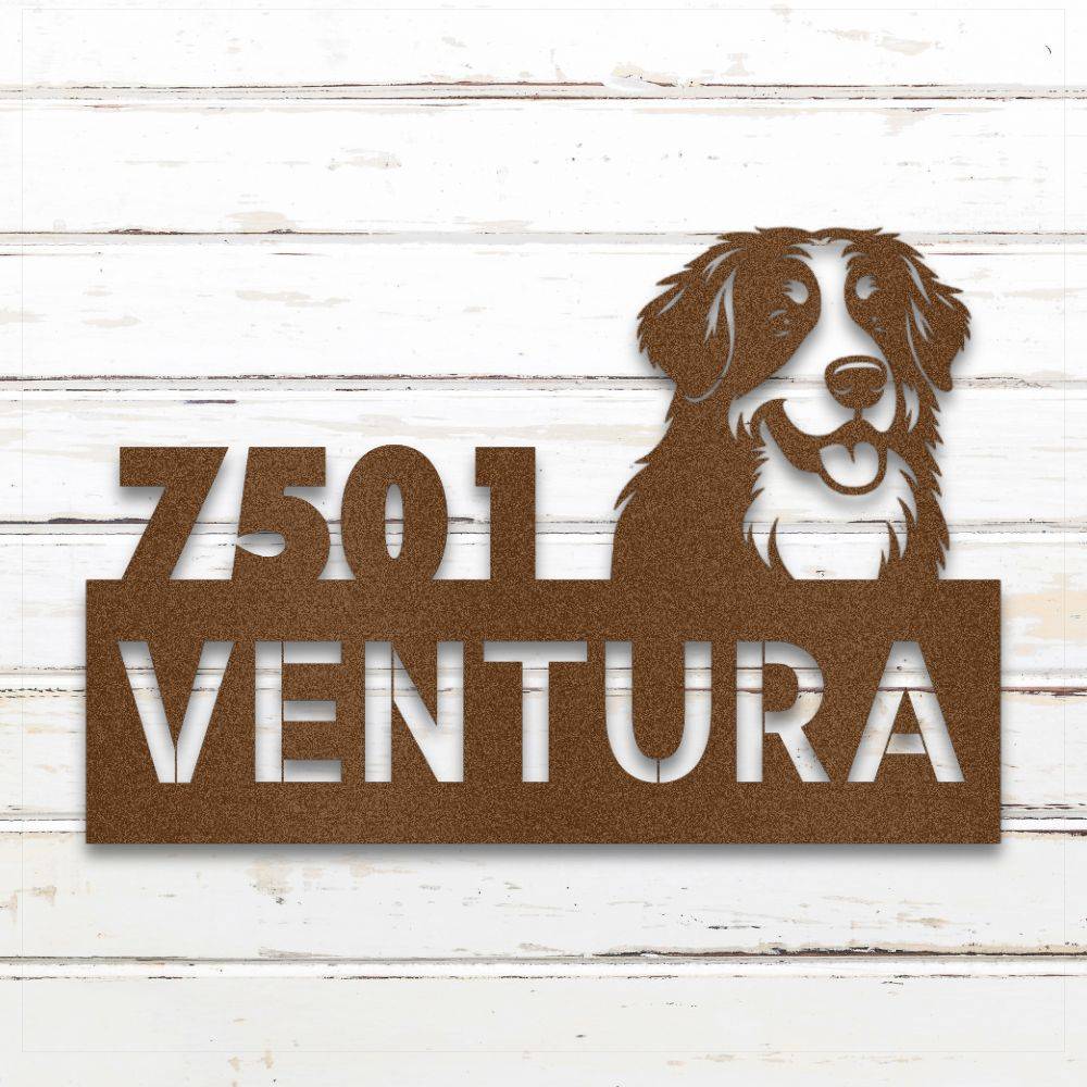 Copper Bernese Mountain Dog metal address sign with house number and personalized text; rustproof and weatherproof | Barkhaus Metal Co.
