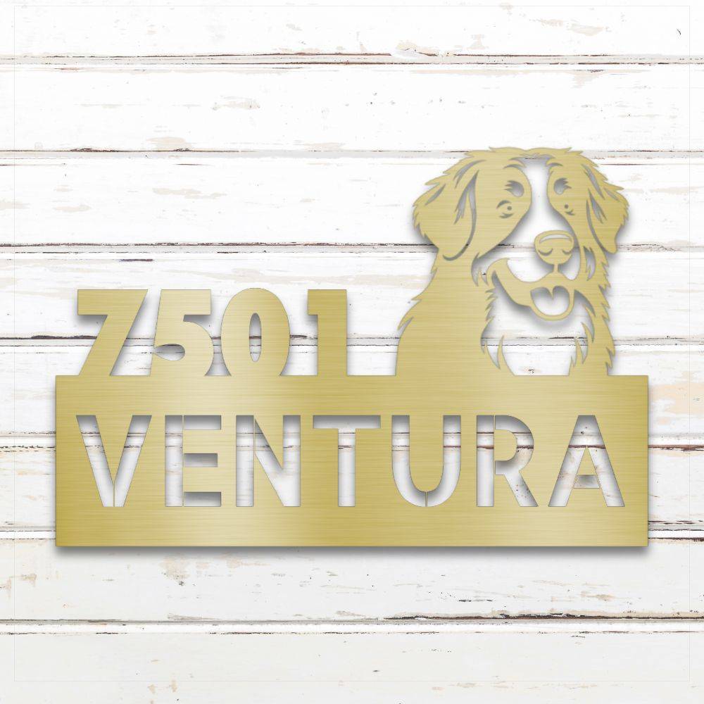 Gold Bernese Mountain Dog metal address sign with house number and personalized text; rustproof and weatherproof | Barkhaus Metal Co.
