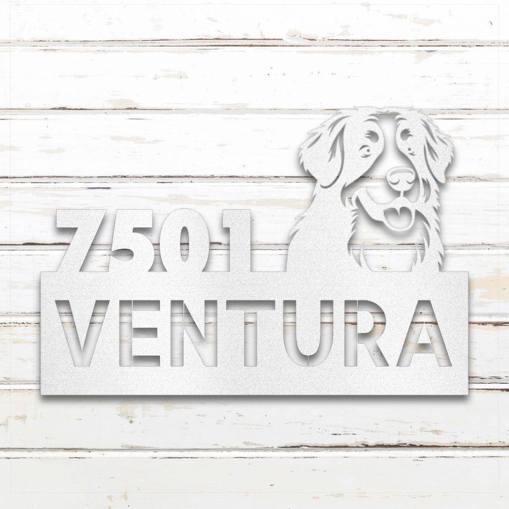 White Bernese Mountain Dog metal address sign with house number and personalized text; rustproof and weatherproof | Barkhaus Metal Co.