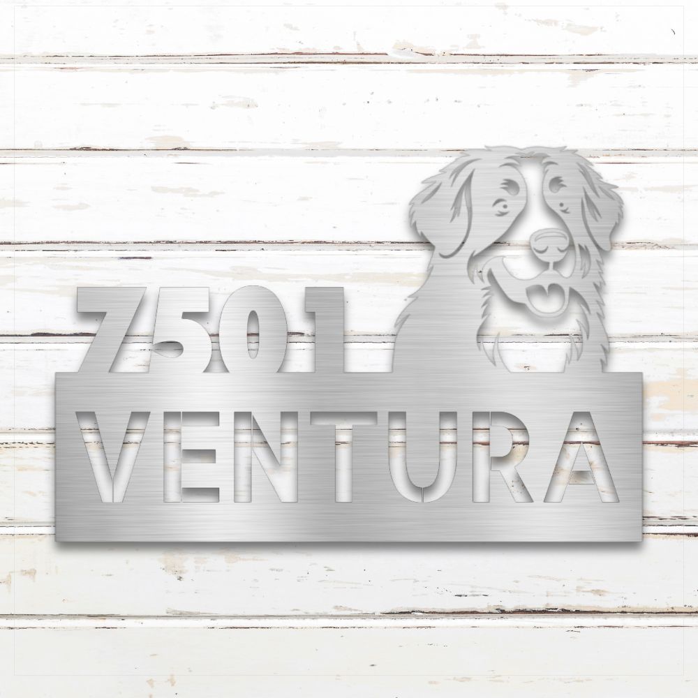 Silver Bernese Mountain Dog metal address sign with house number and personalized text; rustproof and weatherproof | Barkhaus Metal Co.