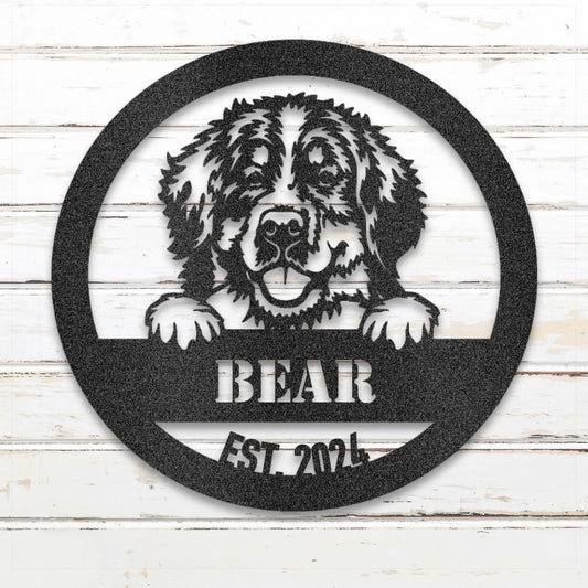 Black Bernese Mountain Dog personalized metal wall art with custom name and year; handcrafted from rustproof, weatherproof American steel | Barkhaus Metal Co.