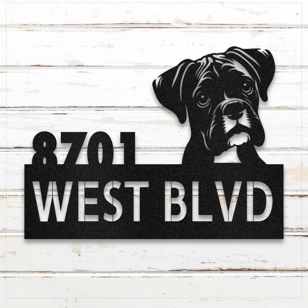 Black Boxer metal address sign with house number and personalized text; weatherproof and rustproof | Barkhaus Metal Co.