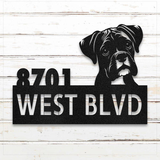 Black Boxer metal address sign with house number and personalized text; weatherproof and rustproof | Barkhaus Metal Co.