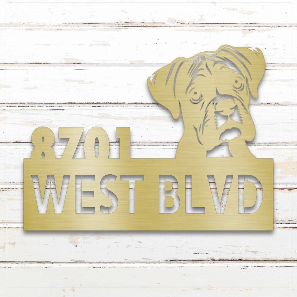 Gold Boxer metal address sign with house number and personalized text; rustproof and weatherproof | Barkhaus Metal Co.