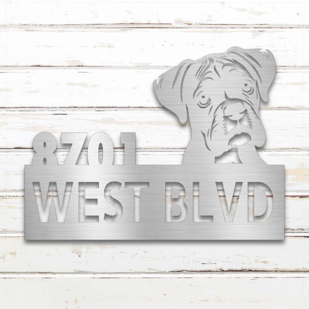 Silver Boxer metal address sign with house number and personalized text; weatherproof and rustproof | Barkhaus Metal Co.
