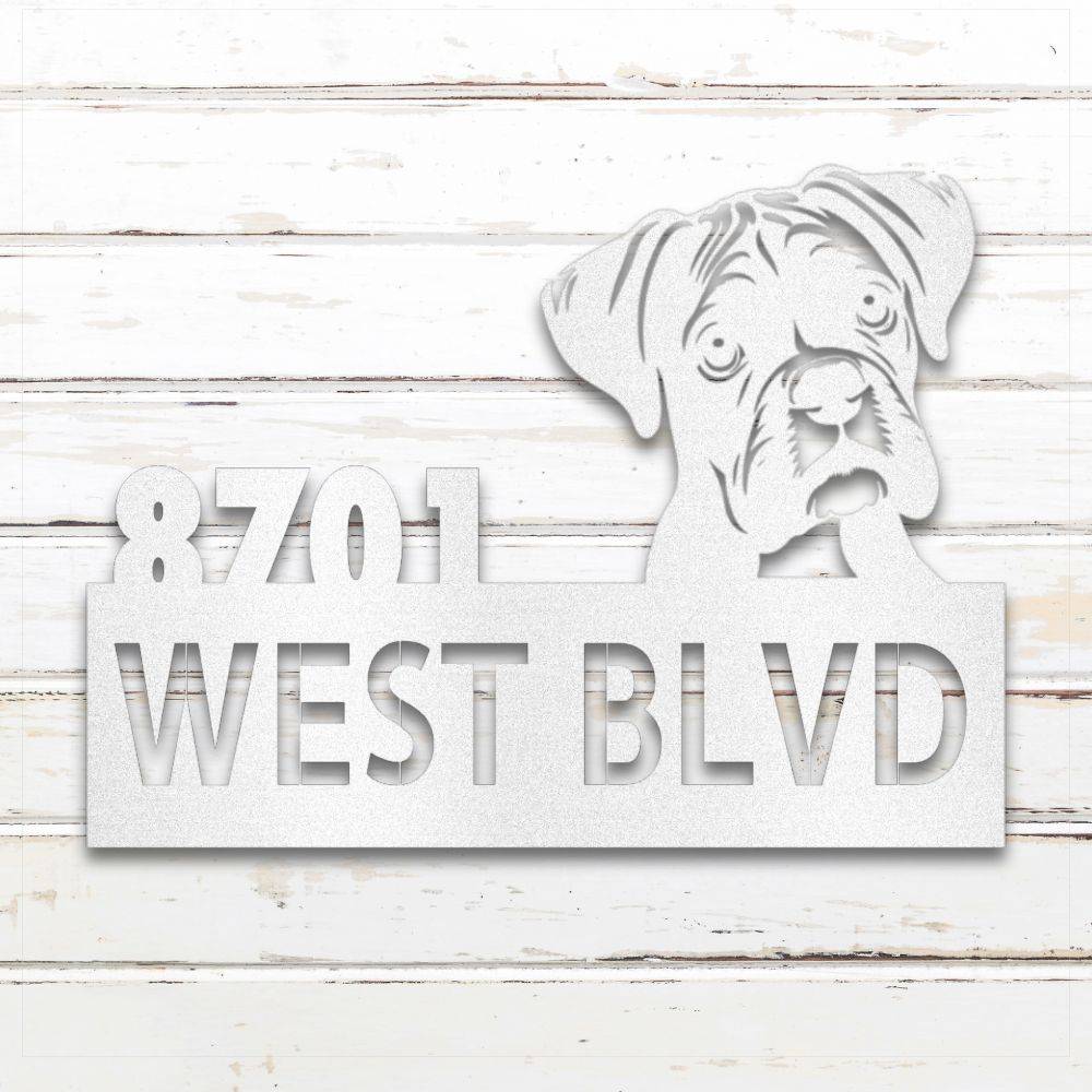 White Boxer metal address sign with house number and personalized text; outdoor-safe and rustproof | Barkhaus Metal Co.