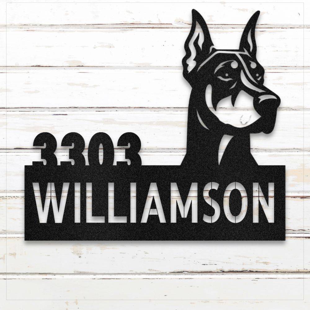 Black Doberman metal address sign with house number and personalized text; weatherproof and rustproof | Barkhaus Metal Co.