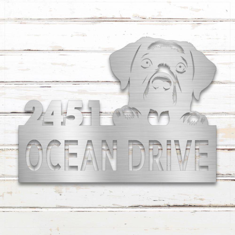 Silver Labrador Retriever metal address sign with house number and personalized text; weatherproof and rustproof | Barkhaus Metal Co.