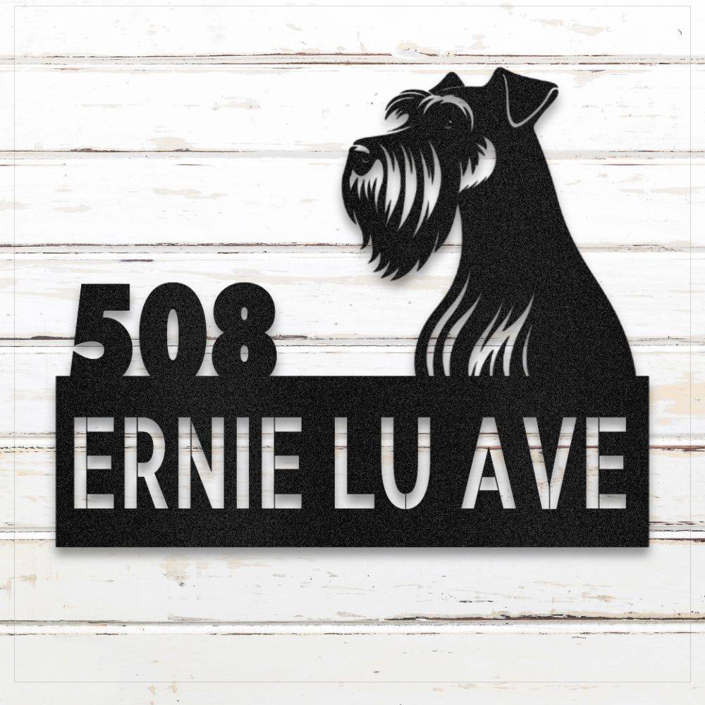 Black Miniature Schnauzer metal address sign with house number and personalized text; weatherproof and rustproof | Barkhaus Metal Co.