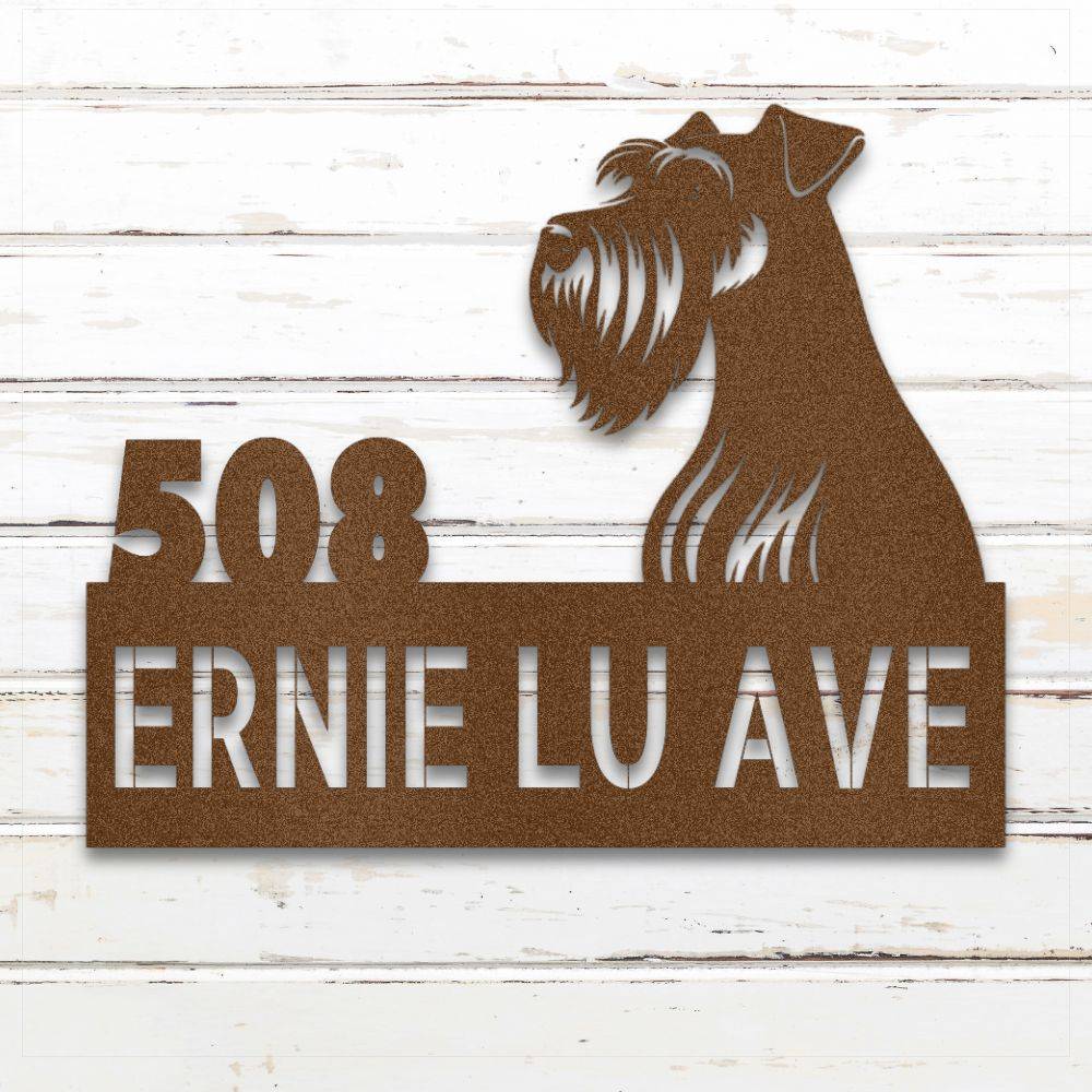 Copper Miniature Schnauzer metal address sign with house number and personalized text; rustproof and weatherproof | Barkhaus Metal Co.