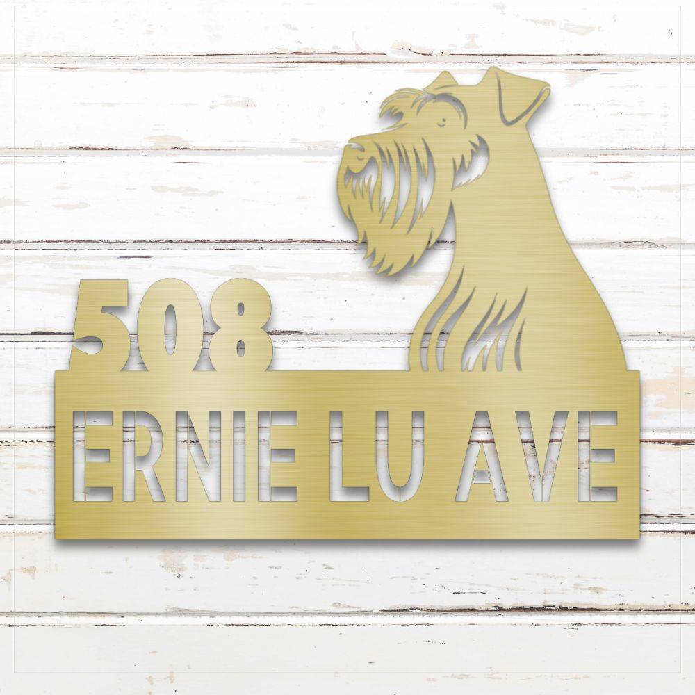 Gold Miniature Schnauzer metal address sign with house number and personalized text; outdoor-safe and rustproof | Barkhaus Metal Co.