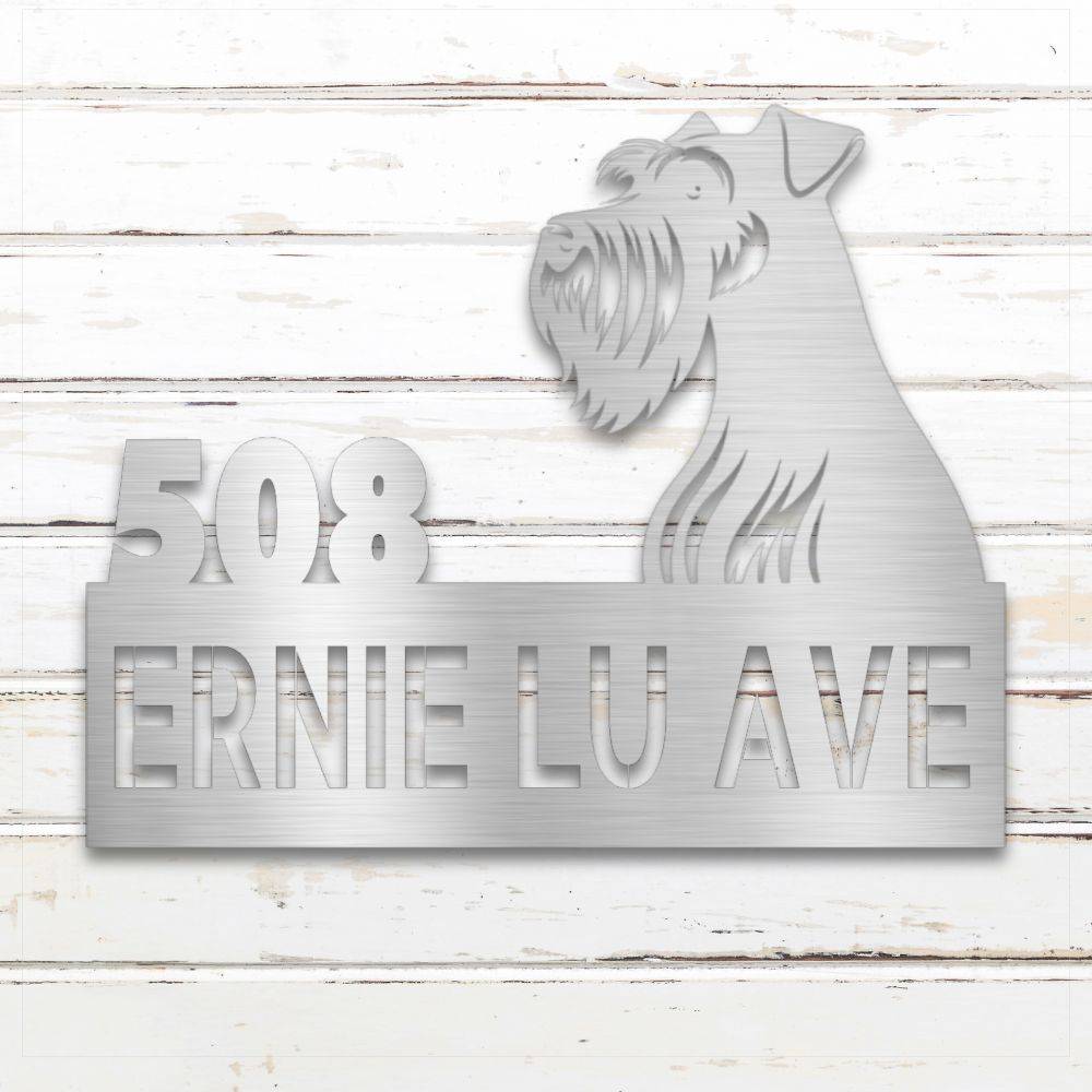 Silver Miniature Schnauzer metal address sign with house number and personalized text; weather-resistant and rustproof | Barkhaus Metal Co.