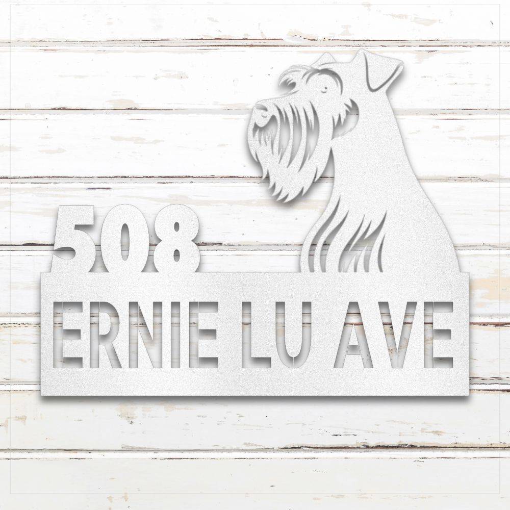 White Miniature Schnauzer metal address sign with house number and personalized text; rustproof and outdoor-safe | Barkhaus Metal Co.