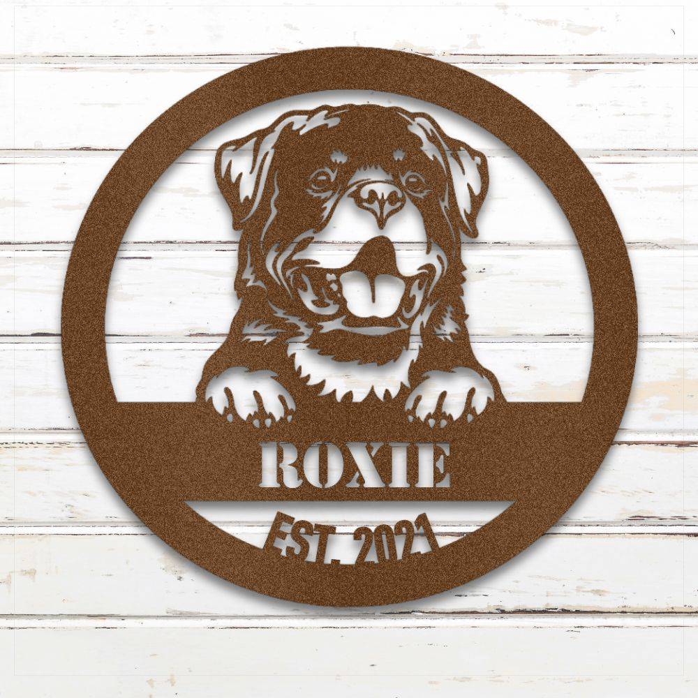 Copper Rottweiler personalized metal wall art with custom name and year; handcrafted from rustproof, weatherproof American steel | Barkhaus Metal Co.