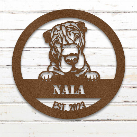 Copper Shar-Pei personalized metal wall art with custom name and year; handcrafted from rustproof, weatherproof American steel | Barkhaus Metal Co.
