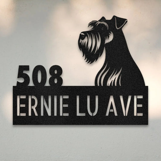 Miniature Schnauzer Personalized Metal House Number Sign Silhouette in Black - Custom Dog Wall Art