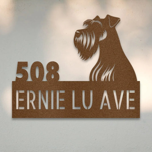 Miniature Schnauzer Personalized Metal House Number Sign Silhouette in Copper - Custom Dog Wall Art