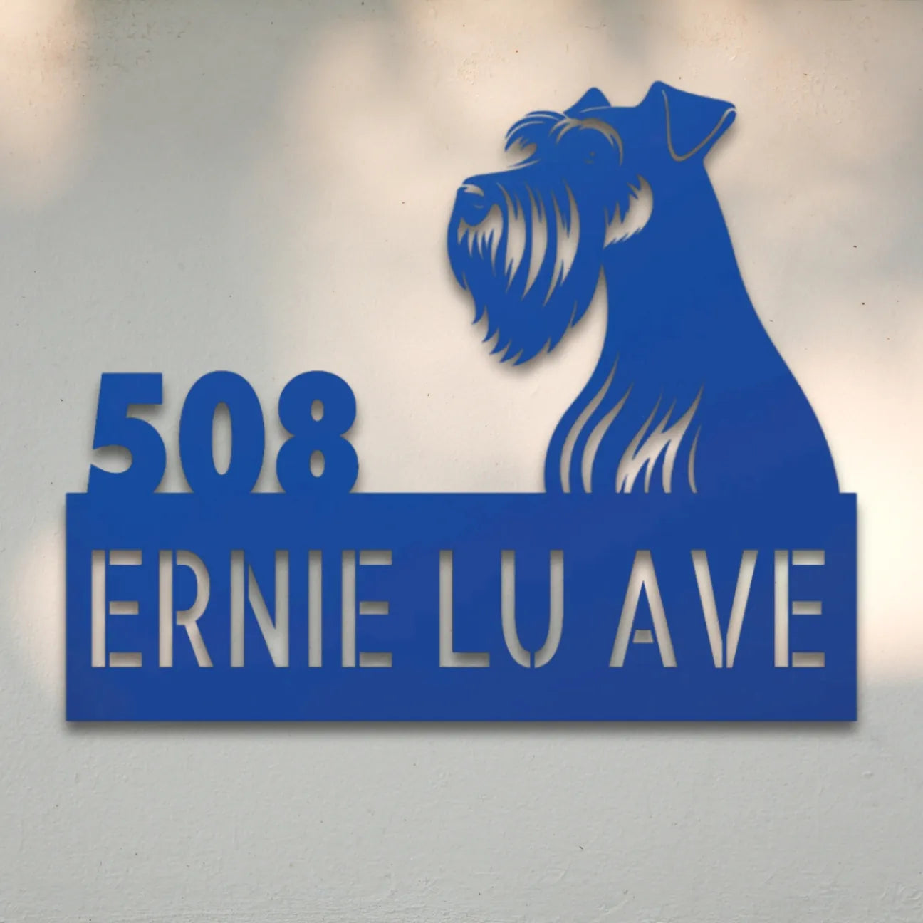 Miniature Schnauzer Personalized Metal House Number Sign Silhouette in Blue - Custom Dog Wall Art