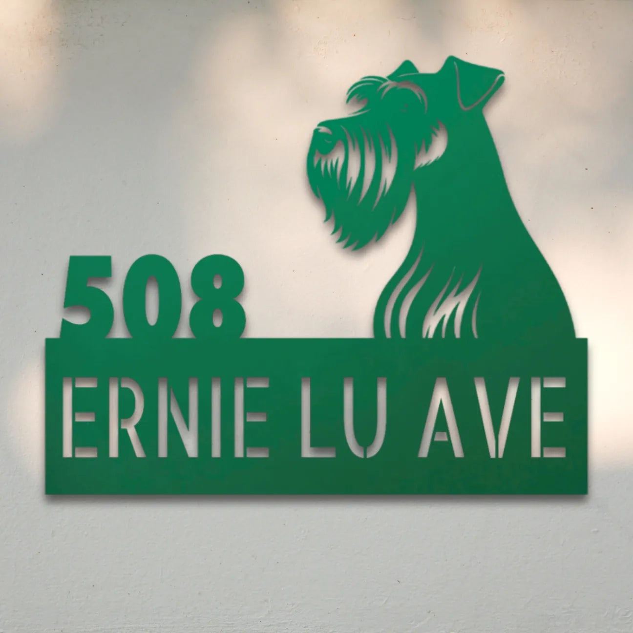 Miniature Schnauzer Personalized Metal House Number Sign Silhouette in Green - Custom Dog Wall Art