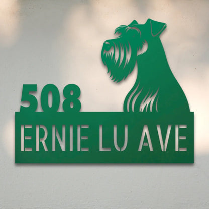 Miniature Schnauzer Personalized Metal House Number Sign Silhouette in Green - Custom Dog Wall Art