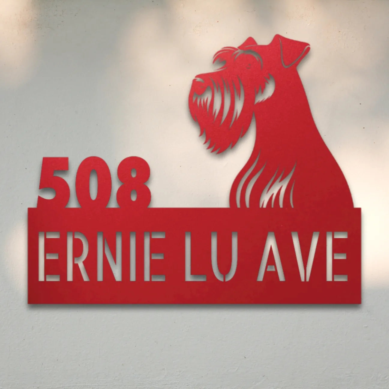 Miniature Schnauzer Personalized Metal House Number Sign Silhouette in Red - Custom Dog Wall Art