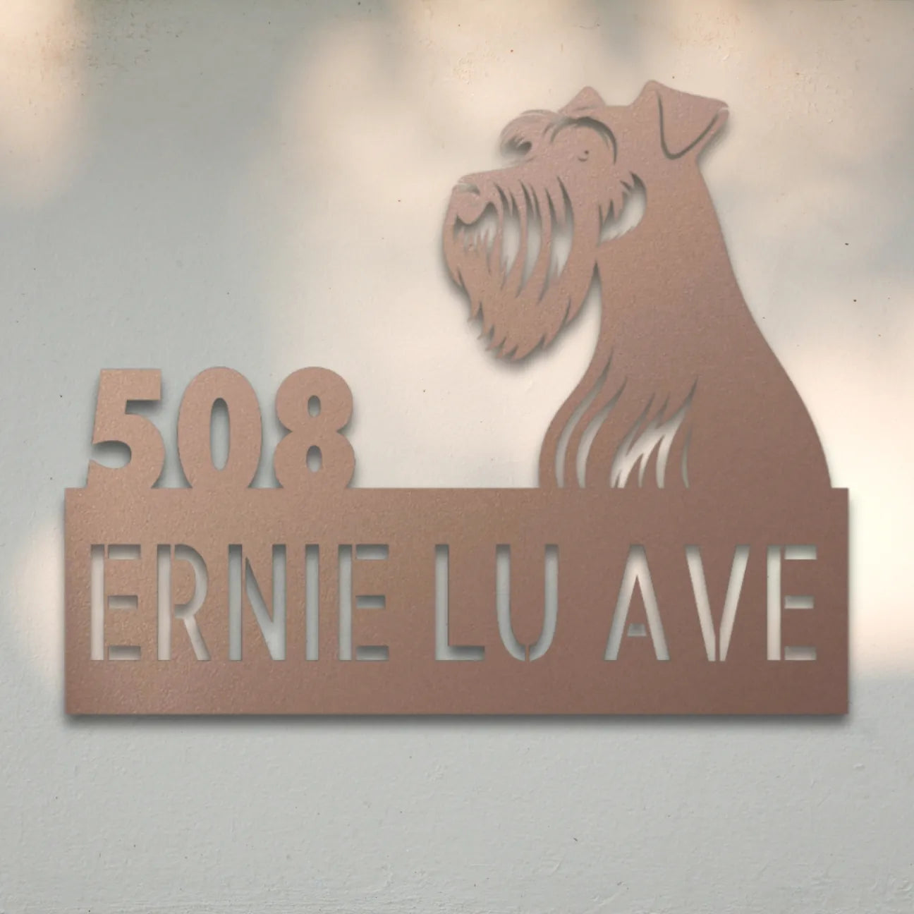 Miniature Schnauzer Personalized Metal House Number Sign Silhouette in Rose - Custom Dog Wall Art