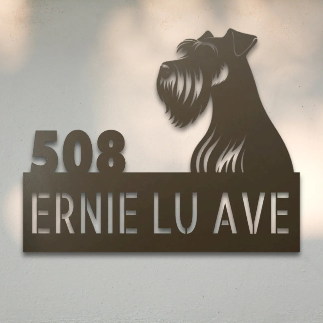 Miniature Schnauzer Personalized Metal House Number Sign Silhouette in Stone - Custom Dog Wall Art